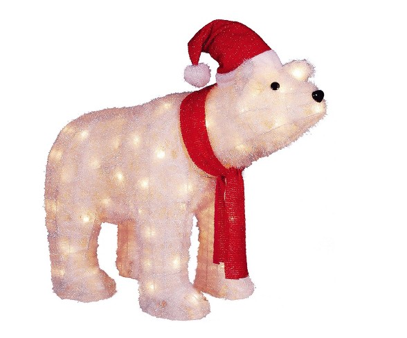 Northlight 26" Lighted Tinsel Polar Bear Wearing Santa Hat Christmas Yard Art Decoration