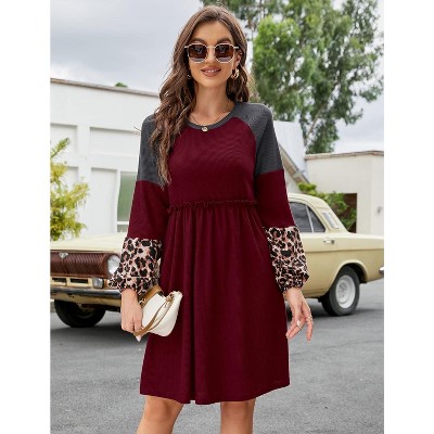Waffle Knit Dress for Women Raglan Sleeve Leopard Print Color Block Mini Dress Trendy Smocked Dresses