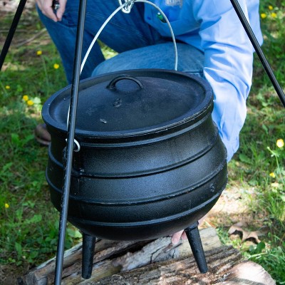 Large Black Cast Iron Round Campfire Cooking Kettle with Lid