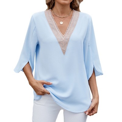 Womens Summer Tops Lace Trim V Neck T Shirts 3/4 Length Petal Sleeve Tunics Trendy Going Out Chiffon Blouses Dressy Casual Tees