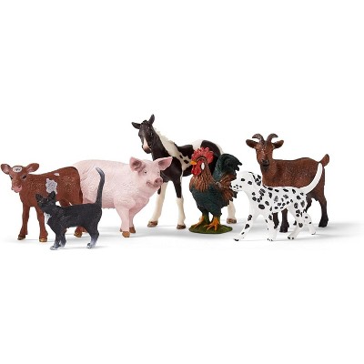TEMI 7-Piece Farm Animal Playset with Dog, Cat, Pig, Goat, Rooster, Baby Horse and Cow, Realistic Barnyard Figurines for Kids Ages 3+
