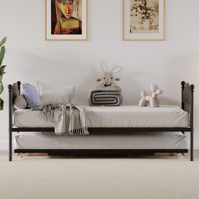 Daybed with Trundle, Sturdy Metal Twin Size Day Bed with Stylish Headboard, Height Adjustable Trundle Bed Twin,