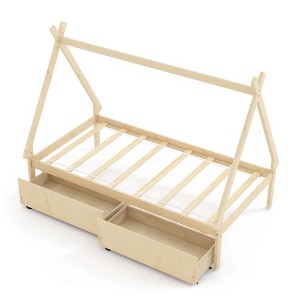 Costway Twin Size Wooden House Bed with 2 Drawers Roof Storage for Boys & Girls White/Gray/Natural - 1 of 4