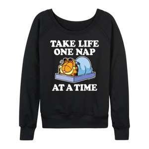 Women's - Garfield - Take Life One Nap Lightweight French Terry Wide Neck Long Sleeve Shirt - 1 of 4