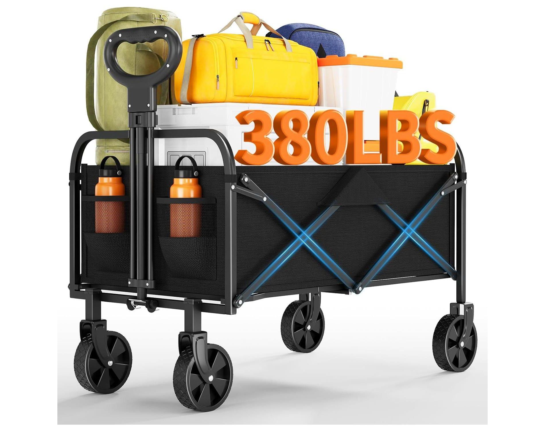 Acekool Collapsible Utility Wagon with 360° Rotating Wheels, 380lbs Load, Adjustable Handle, Beach, Camping, Garden, 73x46.5x89.5cm, Black