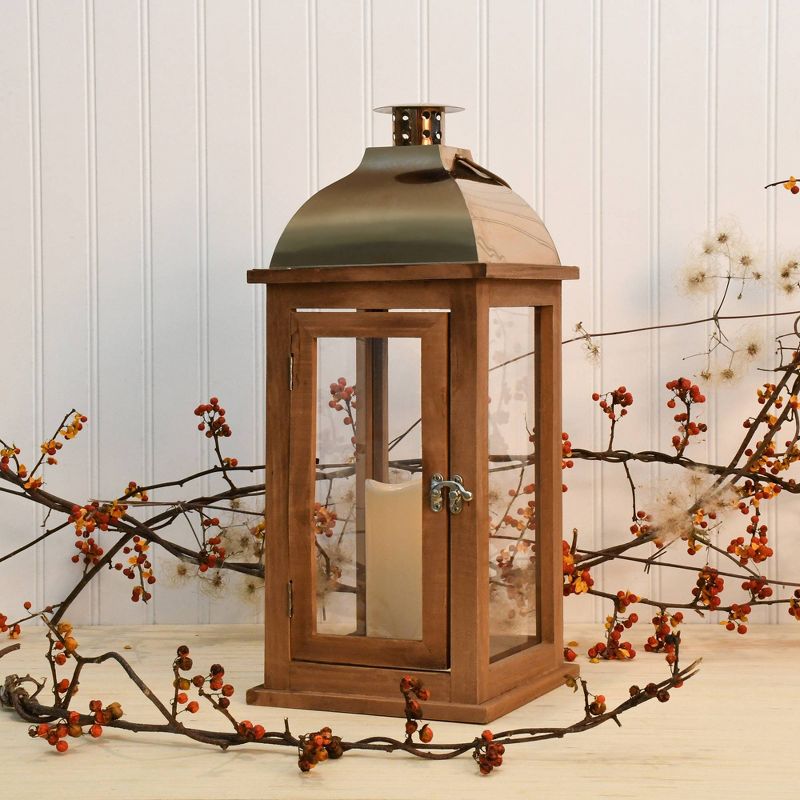 Wooden LED Lantern with Copper Roof and Battery Operated Candle Brown - LumaBase, 3 of 8