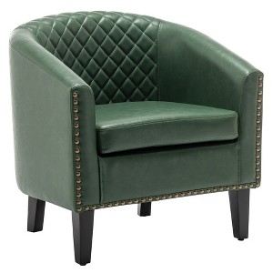 KINWELL PU Leather Tufted Barrel Chair Club Armchair with Nailheads - 1 of 4
