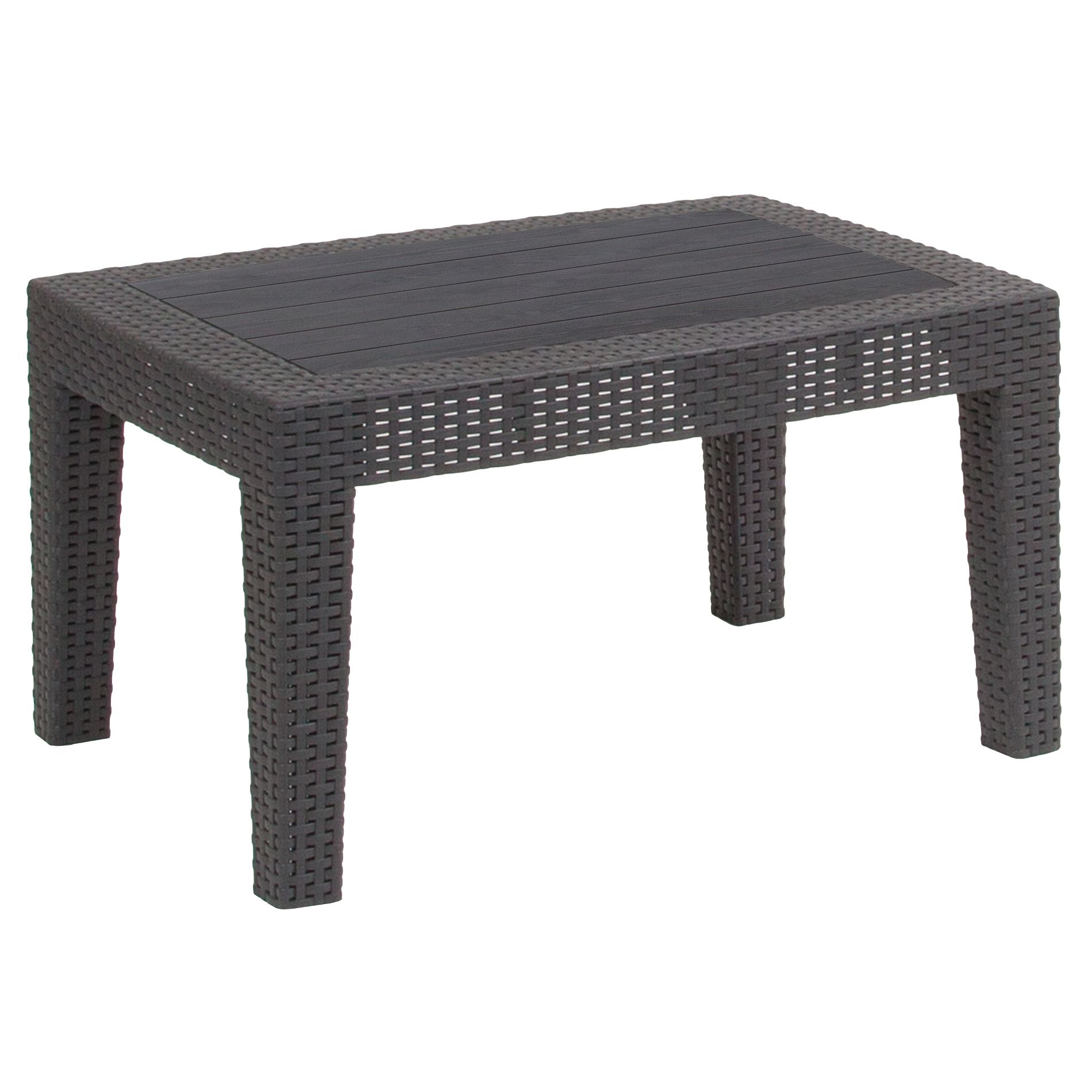 Merrick Lane Outdoor Coffee Table Dark Gray Faux Rattan Wicker Pattern Resin All-Weather Patio Coffee Table With Wood Plank Top Design