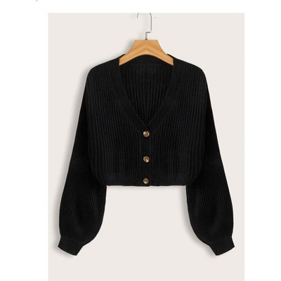 TIME HOLLOW Lantern Sleeve Button Front Knit Cardigan