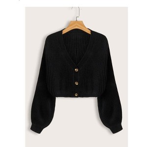 TIME HOLLOW Lantern Sleeve Button Front Knit Cardigan - 1 of 3