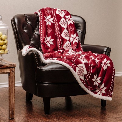 Chanasya Fleece Faux Shearling Red White Holiday Snowflake Throw Blanket - (50x65 Inches)