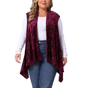 Women's Plus Size Velvet Jacquard Sleeveless Asymmetric Hem Open Front Casual Lightweight Vests - Agnes Orinda - 1 of 4