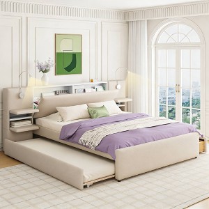 Luxystar Queen Size Upholstered Platform Bed with Flip-up storage Headboard, Reading Lights, 2 Drawers, Shelves and Trundle - 1 of 4