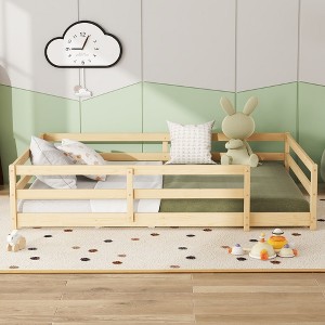 CAVINAS Twin/Full Size Montessori Bed Frame with High Fence,Modern Floor Bed for Kids Room,Bedroom - 1 of 4