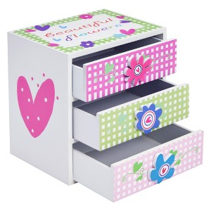 Juvale Small Floral Jewelry Box for Little Girls Ages 4-13 - Kids Wooden Organizer with 3 Drawers for Necklaces and Earrings - 1 of 4