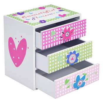 Juvale Small Floral Jewelry Box for Little Girls Ages 4-13 - Kids Wooden Organizer with 3 Drawers for Necklaces and Earrings