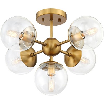 Possini Euro Design Modern Ceiling Light Semi Flush Mount Fixture Warm Brass 19 3/4" Wide 5-Light Sputnik Clear Glass for Bedroom