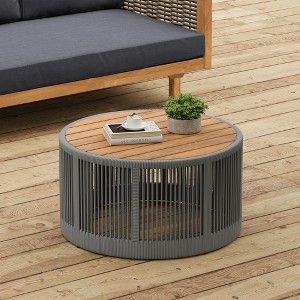 Whisen Outdoor Rattan Rope & Acacia Wood Coffee Table, Round Coffee ...