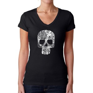 LA Pop Art Rock n Roll Skull - Women's Word Art V-Neck T-Shirt - 1 of 4