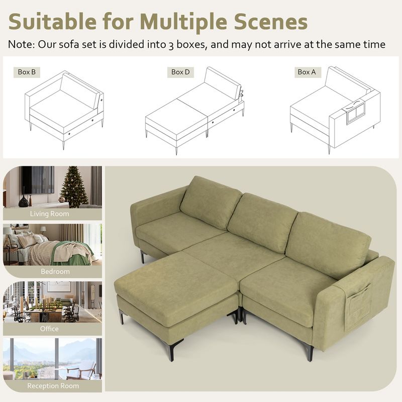Costway Modular L-shaped 3 Seat Sectional Sofa w/ Reversible Chaise & 2 USB Ports, 5 of 11