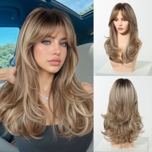 Long Wavy Layered Wigs Honey Brown Hair With Side Bangs For Women Daily Heat Resistant Natural Synthetic Wigs - 1 of 4