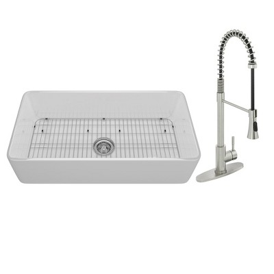 CASAINC 36'' Rectangular Single Bowl Fireclay Farmhouse Apron Kitchen Sink with Pulldown Faucet, White