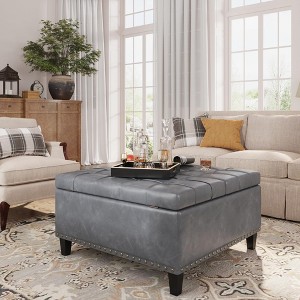 Faux Leather Lift-Top Coffee Table Ottoman, Large Upholstered Footrest Stool Toy Box Storage - 1 of 4