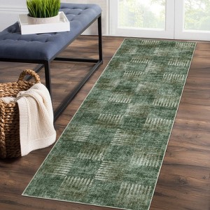 Area Rug Washable Non Slip Low Pile Rug Soft Faux Wool Non Shedding Floor Carpet, Stain Resistant Modern Abstract Rug for Bedroom, Living Room, Green - 1 of 4