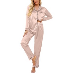 Ekouaer Women's Classic Button Down Long Satin Silk Pajama Set - 1 of 4
