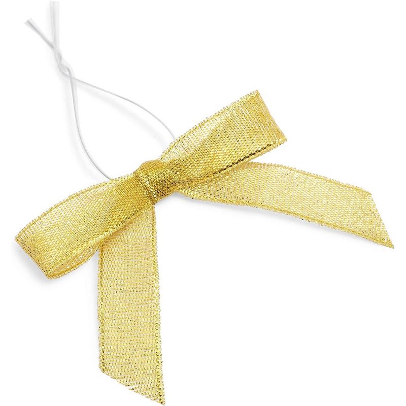 Bright Creations 100-Pack Twist Tie Bows, Metallic Gold Pre-Tied Satin Ribbon for Gift Wrap Bags Boxes, Party Favors, Baked Goods, Crafts, 2.5x3 in, 1 of 9