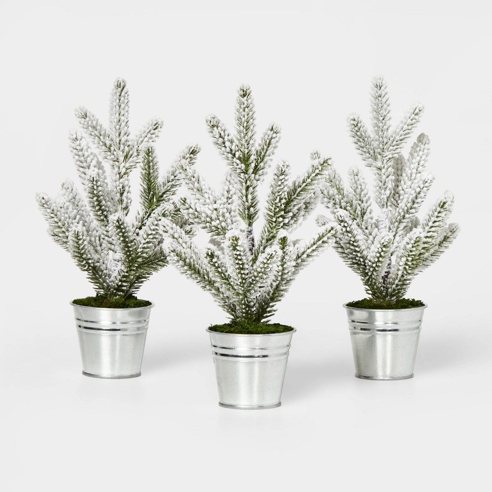 Flocked Mini Tree in Galvanized Metal Bucket Silver