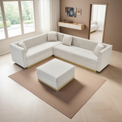 100.8" Velvet U-Shaped Sectional Sofa with Ottoman, Channel Tufting, Gold Base & 4 Pillows