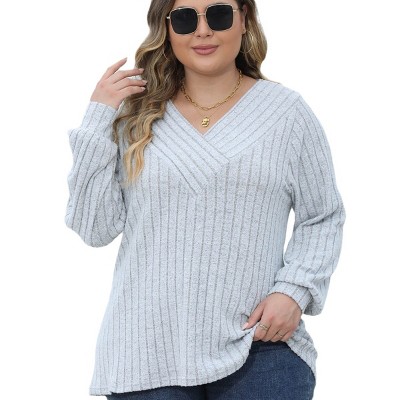 Coolmee Womens Plus Size Tops Casual V Neck Long Sleeve Shirts Lightweight Knit Sweaters Comfy Tunics Blouses