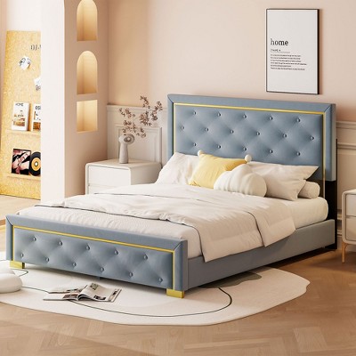 ALEXOUN Queen Size Upholstered Platform Bed With Pull Point Headboard And Metal Wire Frame At The Head And Foot Of The Bed, Metal Feet, Velvet, Gray