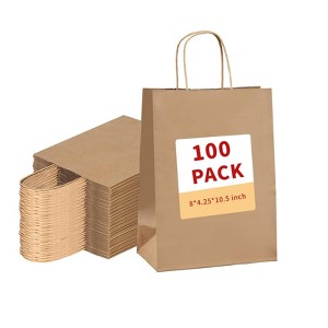 Generic 100 Pack Brown Paper Bags with Handles Gift Bags Medium Size,Gifts Bag Bulk - 1 of 4