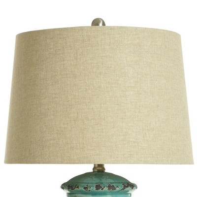 Turquoise Ceramic Table Lamp with Beige Linen Shade
