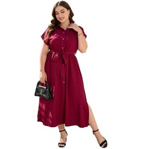 Coolmee Women's Plus Size Summer Dress Tie Belt Work Polo Dress Business Casual Button Down Maxi Dresses - 1 of 4