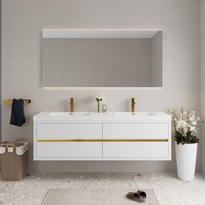 Whisen Pre-Assembled Floating Wall-Mounted Bathroom Vanity with Stone Resin Sink, U-Shaped Storage Drawers