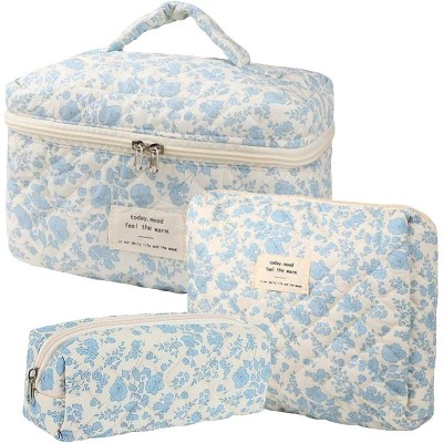 Narwey 3Pcs Cotton Quilted Makeup Bag Set, Cute Floral Makeup Bags