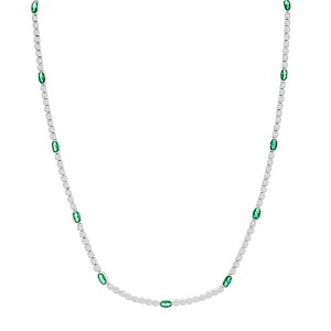 Bella Silver Sterling Silver Beaded Outline Oval & Round CZ Tennis Necklace - Emerald - Green - 17 Inch - 1 of 2