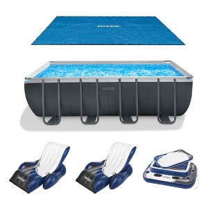INTEX 18'x52" Framed Swimming Pool with Solar Pool Cover, Inflatable 72 Can Beverage Cooler Float, and Inflatable Floating Recliner Chairs (2 Pack) - 1 of 4