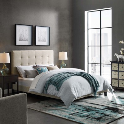 Elegant Cream Full Platform Bed with Tufted Velvet Upholstery
