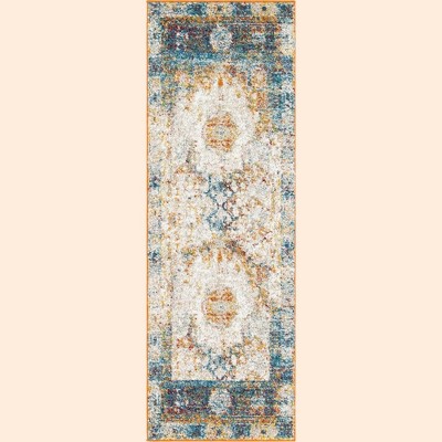 Beige and Blue Synthetic Easy Care Runner Rug