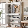 TIRAMISUBEST 4-in-1 Hall Tree with Integrated Shoe Cabinet & Mirrored Cabinet Door, Coat Hanger Entryway Bench w/ 2 Flip Drawers, 4 Hooks & 2 Cabinets - 3 of 4