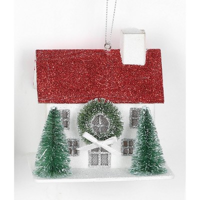 Glittered House with Wreath and Bottle Brush Trees Christmas Tree Ornament White - Wondershop™