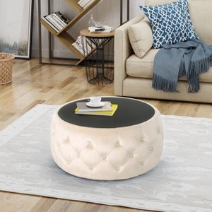 Sapphtopaz Velvet Ottoman with Glass Top, Upholstered Round Coffee Table with Button-Tufted Diamond Stitch, Foot Stool for Living Room, Bedroom - 1 of 4