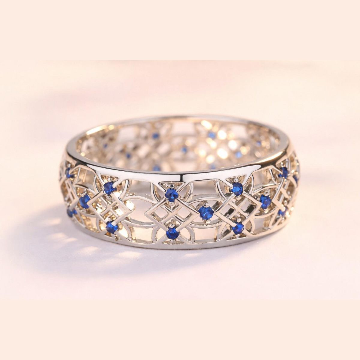 Amy and Annette Sterling Silver Sapphire Filigree Band Ring - thumbnail 4