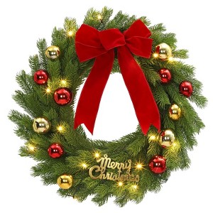 24-Inch Pre-Lit Winter Wreath - Pre-Lit LED Lights Christmas Decor with Red Bow & Balls Large Christmas Door Wreath - 1 of 4