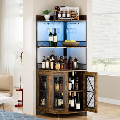 5-Tiers Corner Bar Cabinet with Power Outlet,64''Industrial Tall Wine Cabinet with  Lights&Glass Holder, Liquor Cabinet with Storage