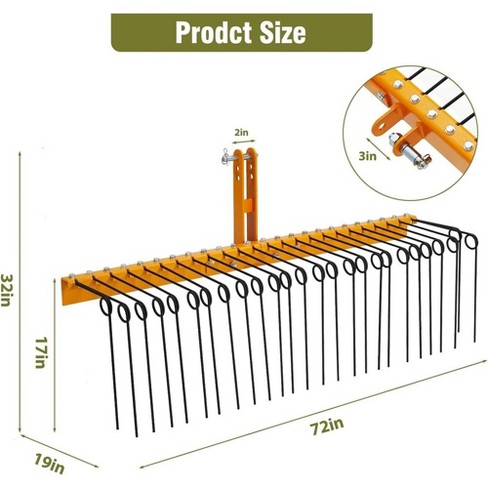 72 Inch Pine Straw Rake, 30 Coil Spring Tines Behind Landscape Rake with 3 Point Hitch Receiver Attachment Fit to Cat0 Cat 1 Tractors - image 1 of 4